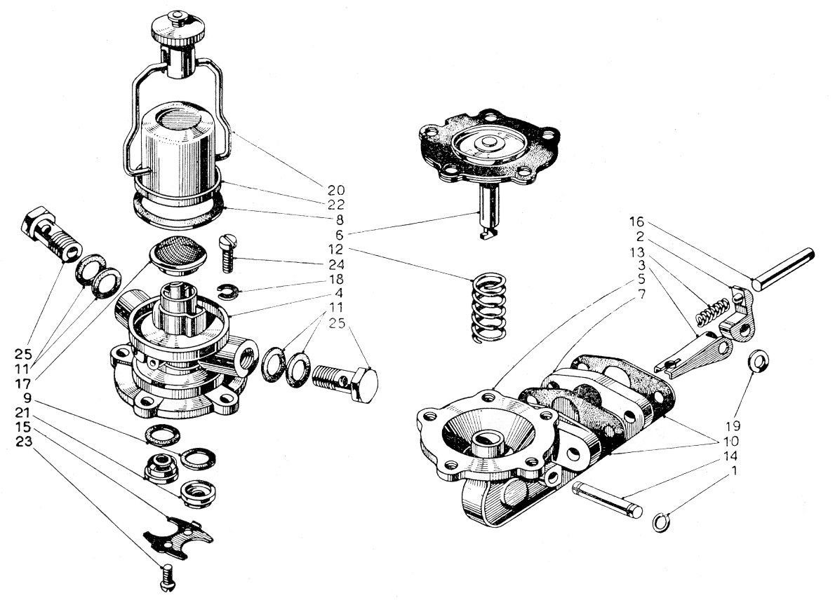 A black and white drawing of a machine with a lot of parts.