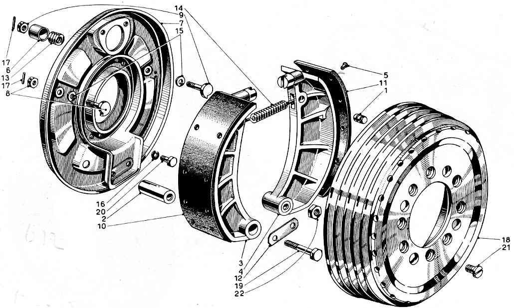 Exploded view of a drum brake, showing the drum, brake shoes, and other components.