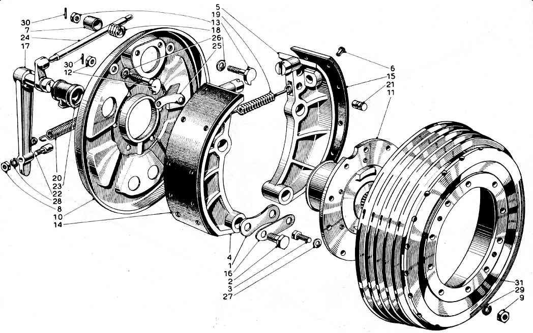 Exploded view of a mechanical drum brake assembly, illustrating its components and layout.