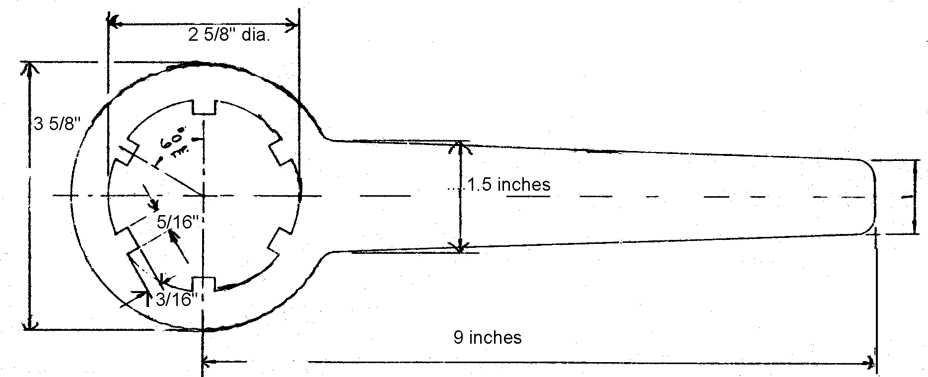 Technical drawing of a wrench with labeled dimensions in inches, showing its overall size and internal details.