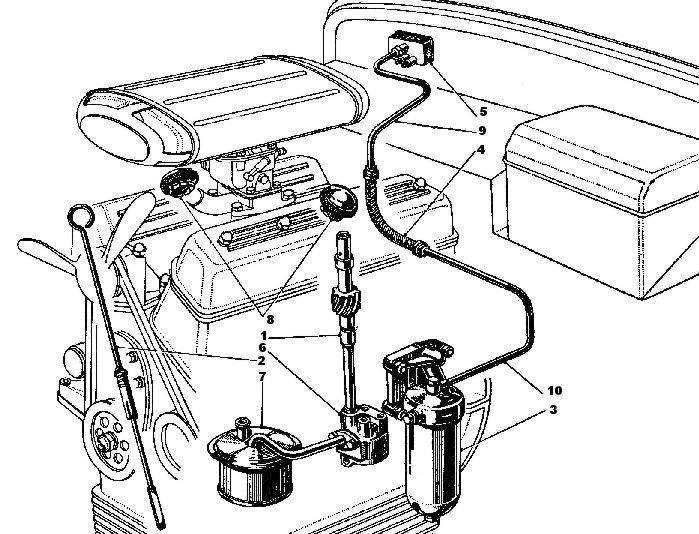 Diagram of an engine with fuel system components labeled, including a carburetor and fuel filter.