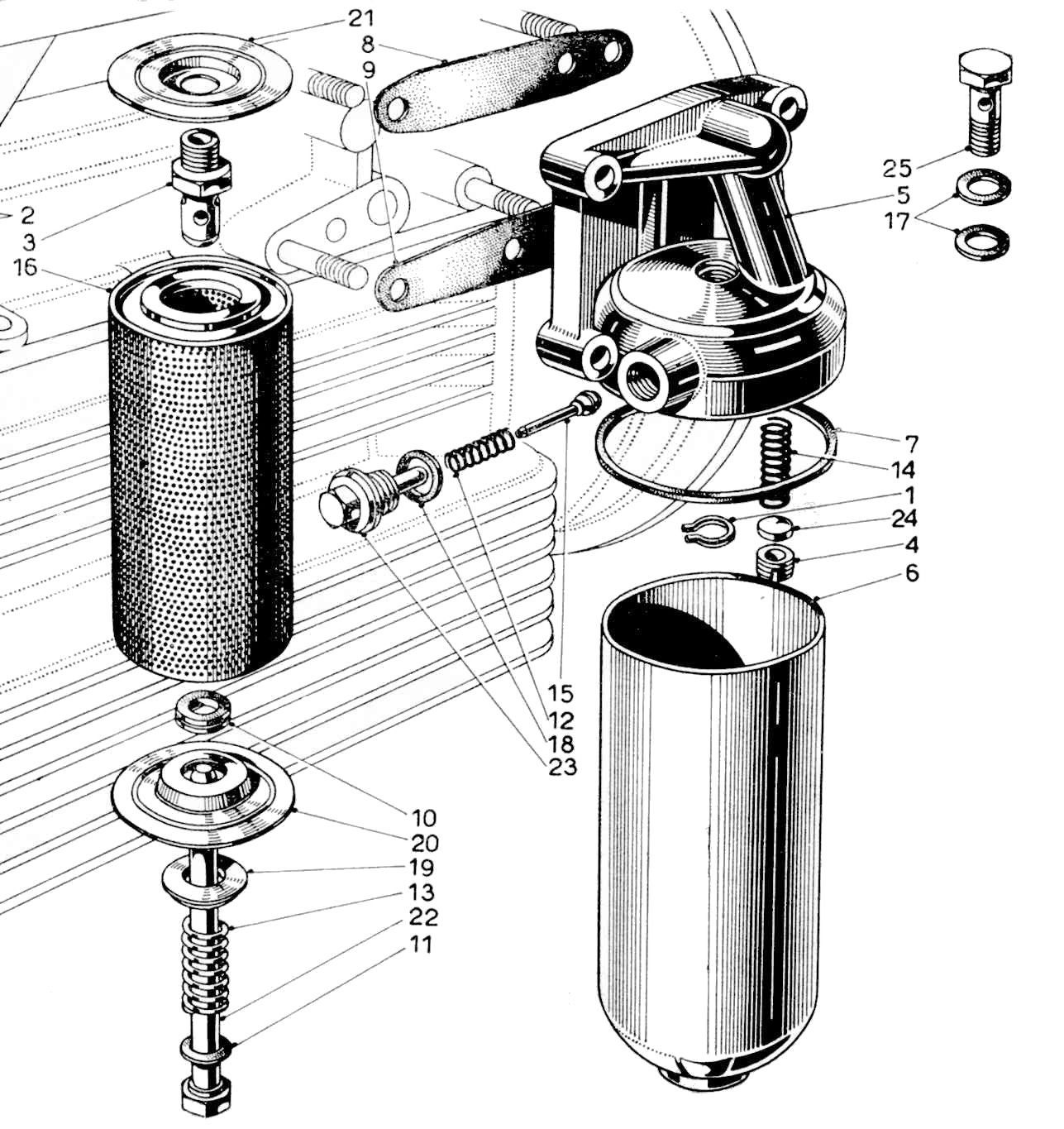 Exploded diagram of a fuel filter assembly with a cylindrical filter, housing, and various bolts, washers, and springs.