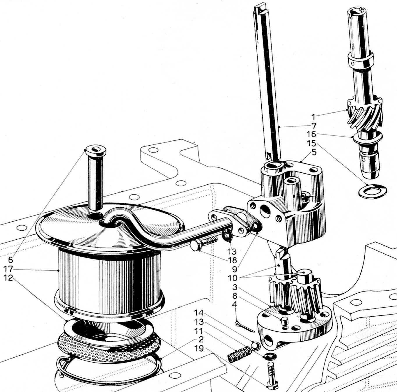 Diagram of an engine oil pump system with various components labeled, including gears, filter, and shaft.