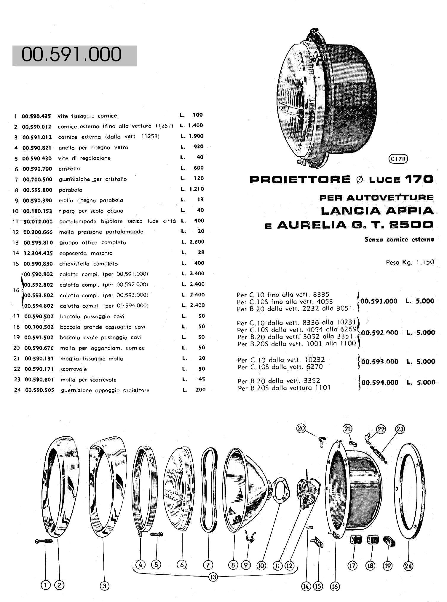 Exploded diagram of a Lancia Aurelia B.T. R500 headlight assembly with parts list.