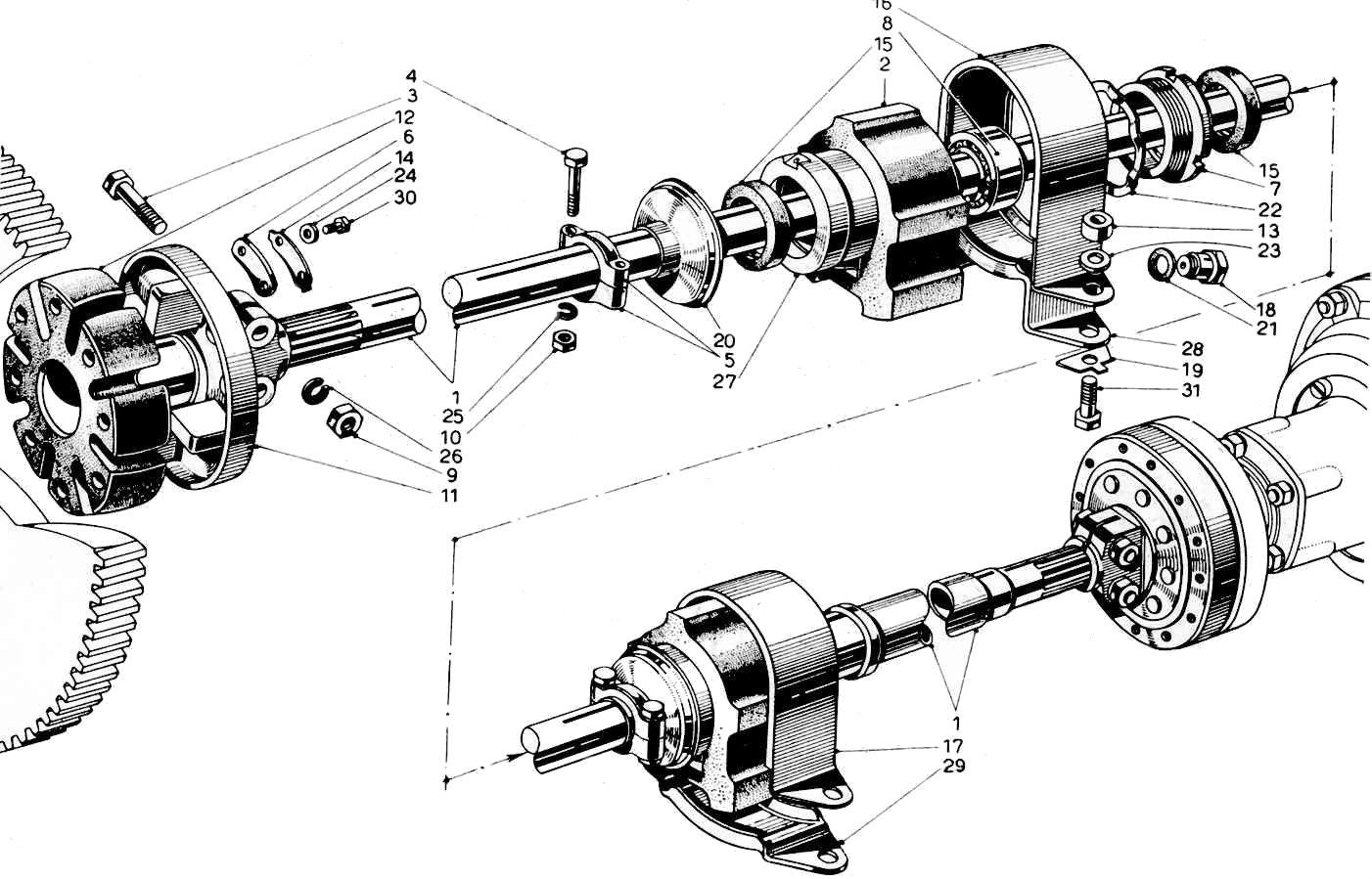 Exploded diagram of a mechanical system, showing various gears, shafts, and housings.