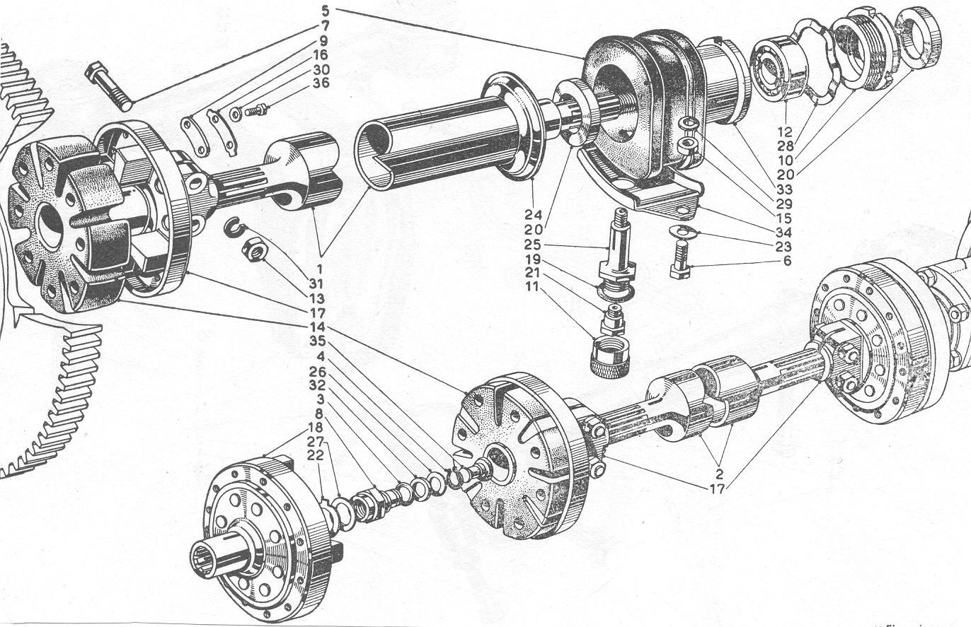Exploded diagram of a vehicle's differential and axle assembly, showing various components.