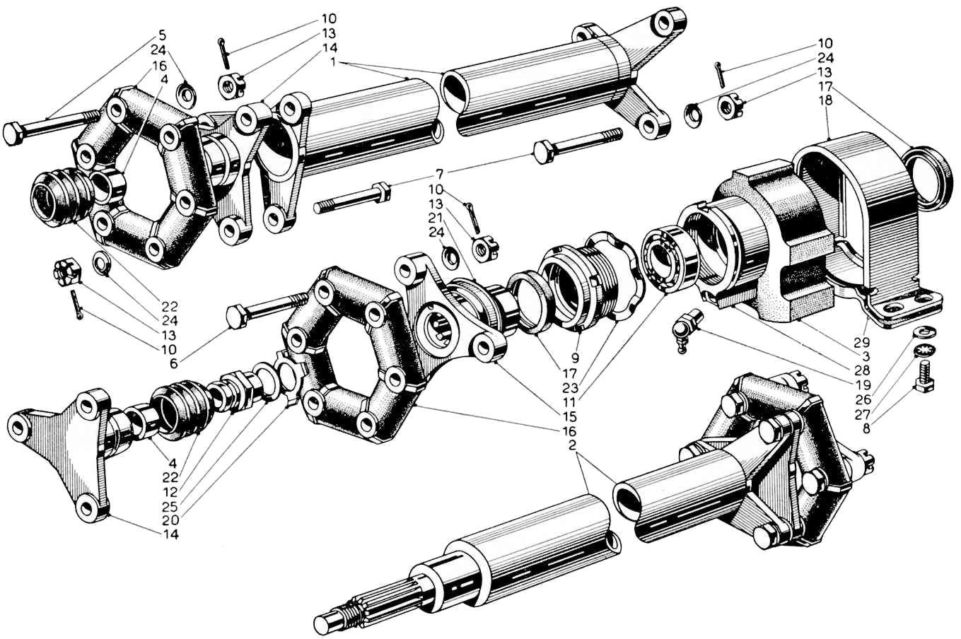 Exploded diagram of a vehicle axle assembly, showing various components and their arrangement.