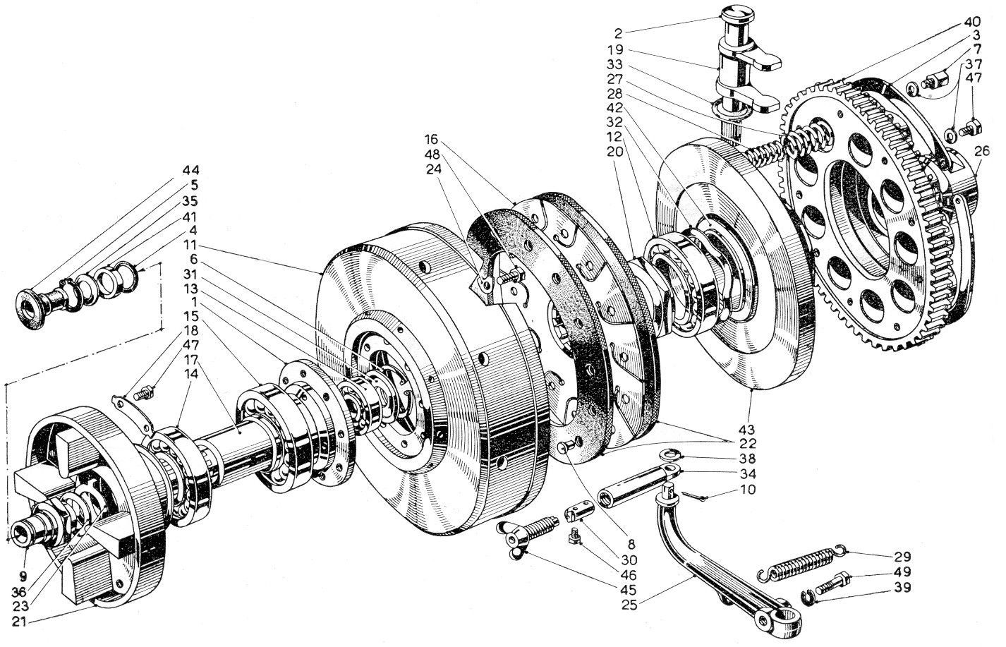 A black and white drawing of a crankshaft and gears.