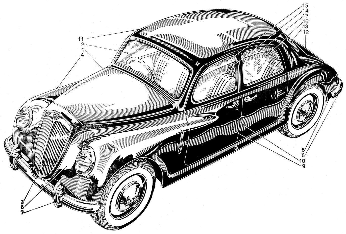 Black and white line drawing of a vintage car; front view, angled slightly.