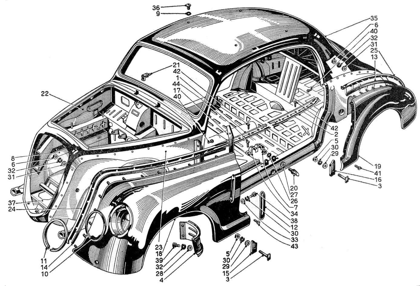 Cutaway diagram of a classic car chassis showing various components and interior structure.