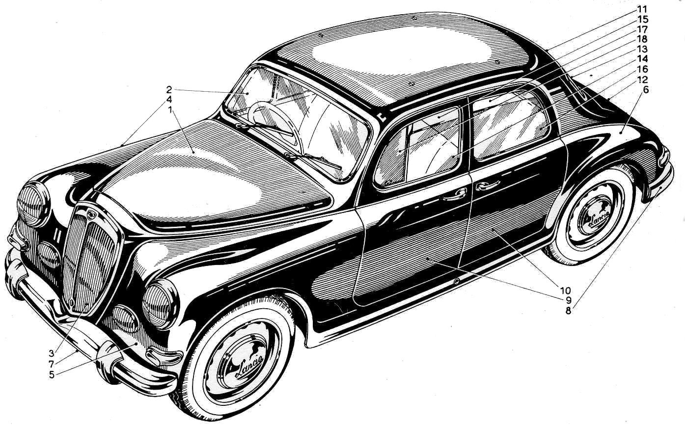Black and white drawing of a vintage car with rounded body, front grill, and white tires.