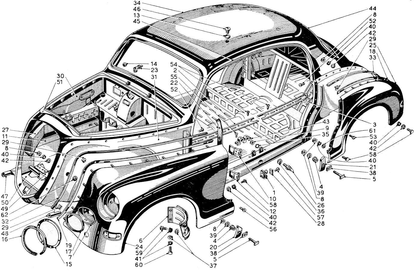 Diagram of a classic car cutaway, showing internal components. Black and white, detailed illustration.