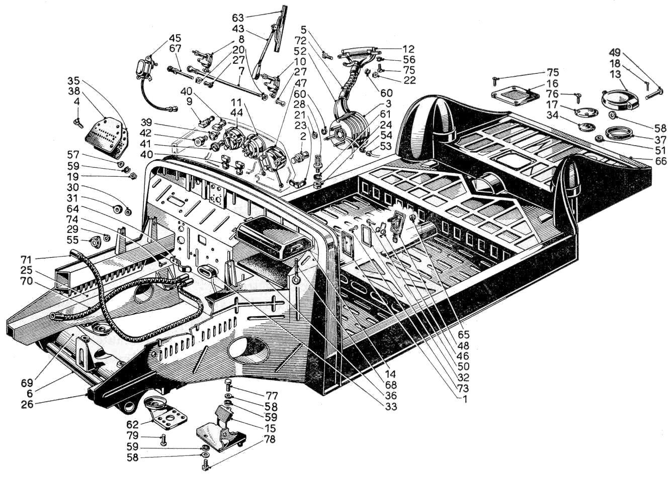 Diagram of a car chassis, exploded view, showing parts and components.