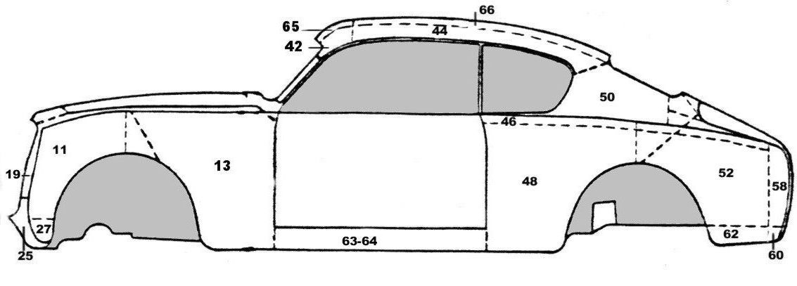 Line drawing of a car showing various body panels labeled with numbers.