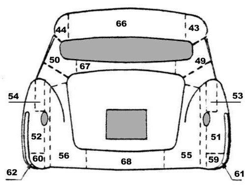 Diagram of a car's rear, labeled with numbers for different body sections, including lights, trunk, and fenders.