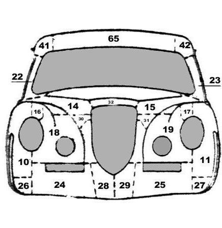 Diagram of a car's front with numbered parts; headlights, windshield, hood, and bumper are labeled.