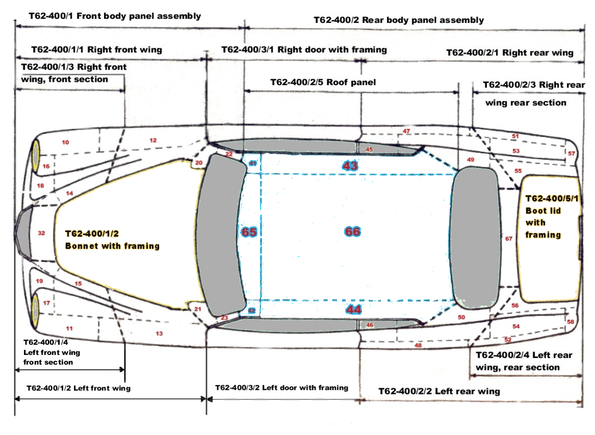 Top-down diagram of a car's body panels, labeling parts like doors, wings, and roof.