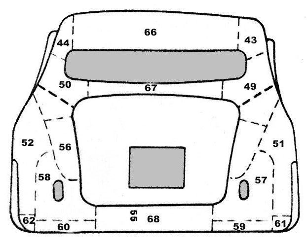 Diagram of a car's rear, labeled with numbers, showing sections of the trunk and surrounding body panels.