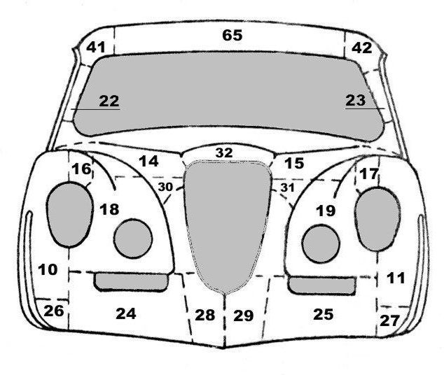 Diagram of a car's front with numbered sections, including windshield, headlights, and hood.