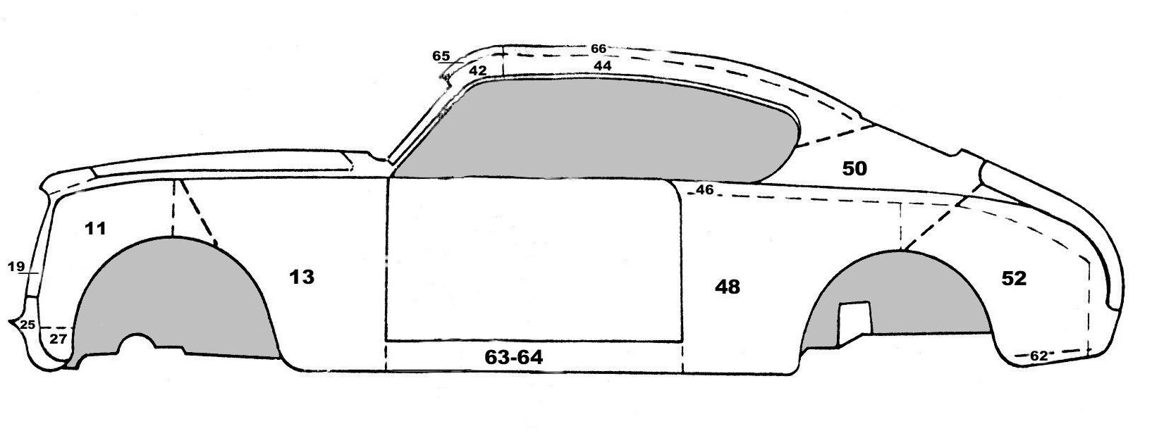 Diagram of a car's body, broken down into numbered sections. Shaded areas indicate wheel wells and roof.