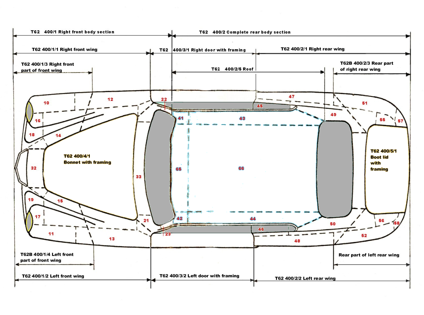 Top-down diagram of a car with labeled dimensions and parts. Black lines with numbers indicate measurements.