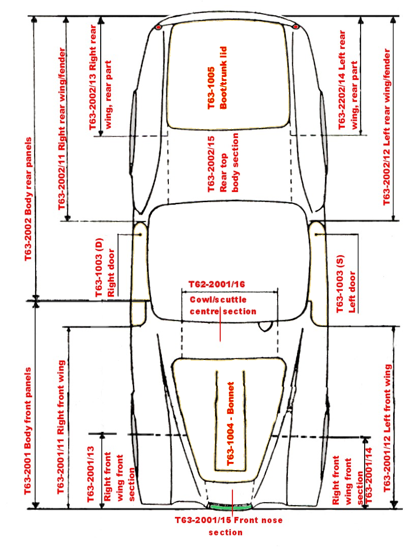 Overhead view of a car, labeled with measurements and points, presumably for repair or design.