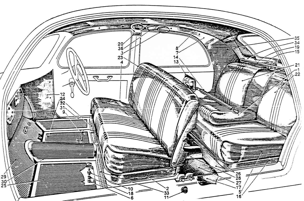 Diagram of a car interior with seats, steering wheel, and dashboard.