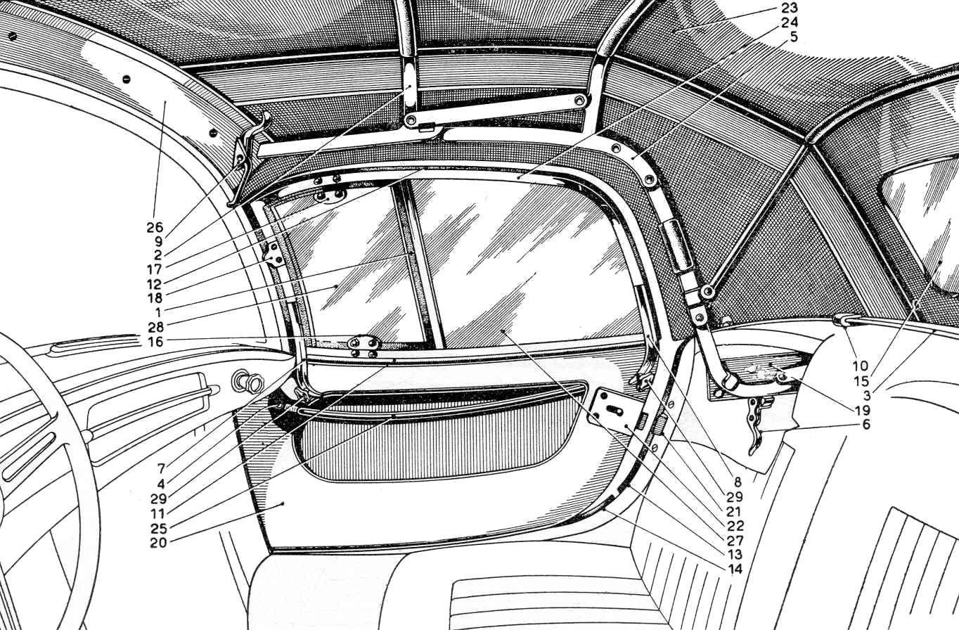 Detailed line drawing of a car's interior, showing a window frame, roof support, and detailing of fabric and trim.