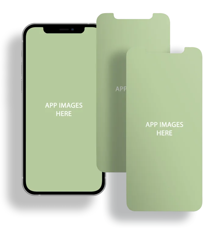 Three overlapping smartphones with pale green screens and app placeholder text on a white background