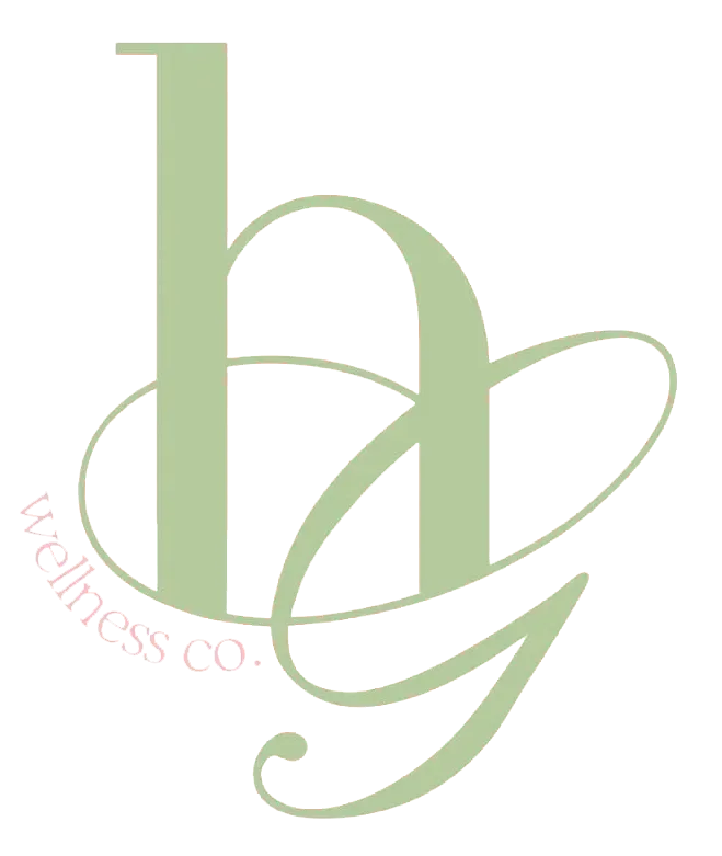 Light green stylized “h” and “g” monogram with “wellness co.” in a circular logo