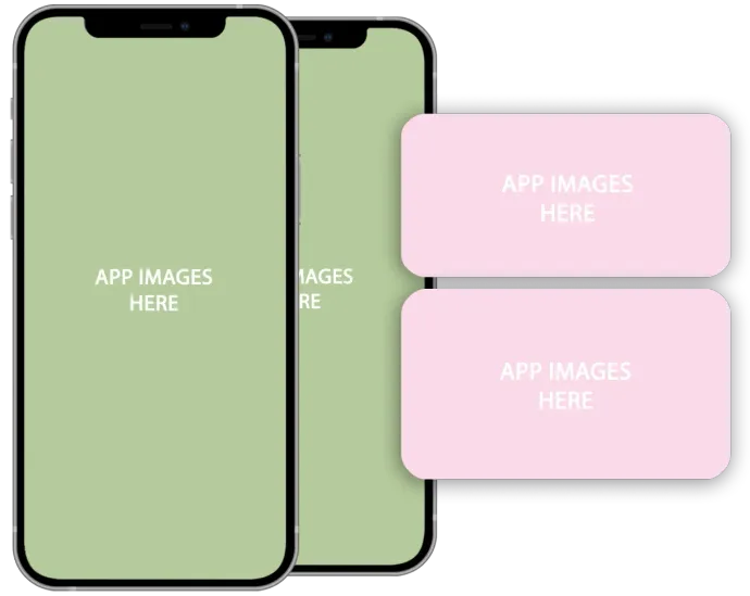 Two overlapping smartphones and two pink app placeholder panels on a white background