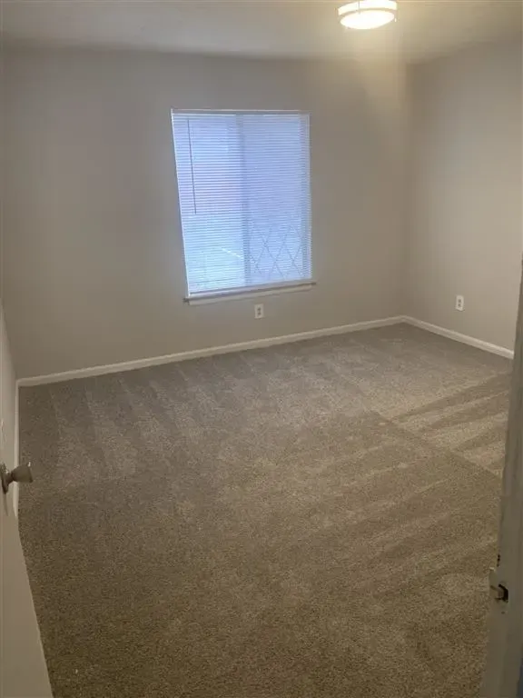 Empty beige carpeted bedroom with a window and ceiling light.