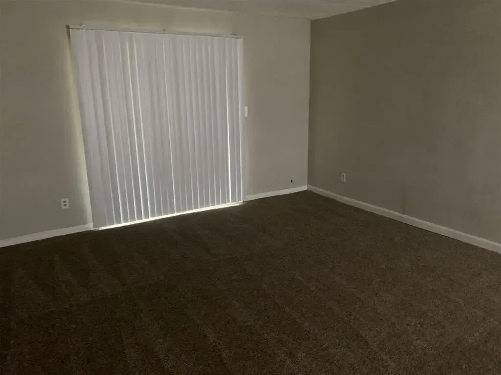 Empty beige living room with carpet and vertical blinds over a sliding glass door