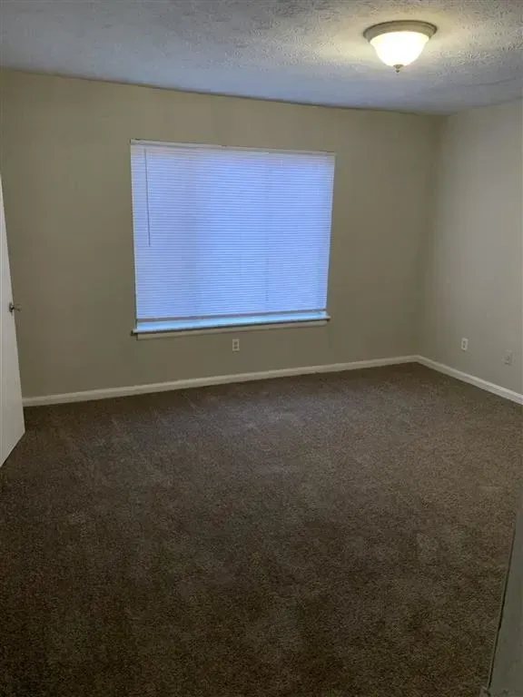 Empty beige bedroom with brown carpet, window blinds, and ceiling light.