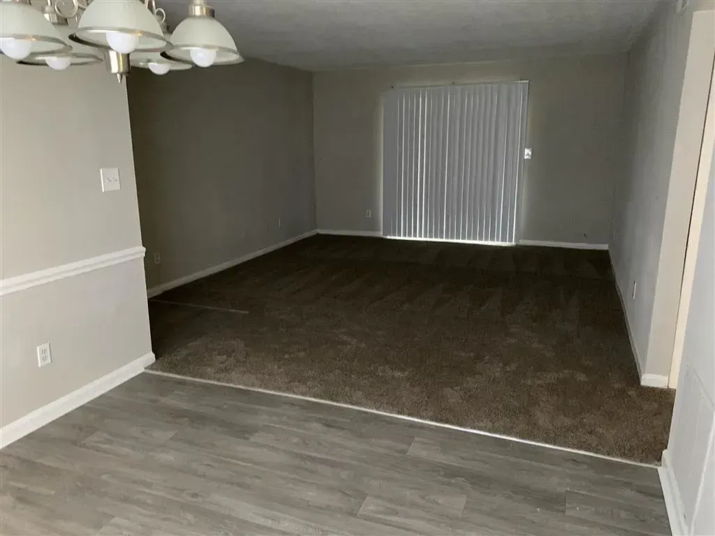 Empty living room with gray carpet, white walls, and vertical blinds on the far window.