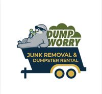 Sloth lounging in a trailer, holding a drink. Company logo for "Dump Worry" - junk removal and dumpster rental.