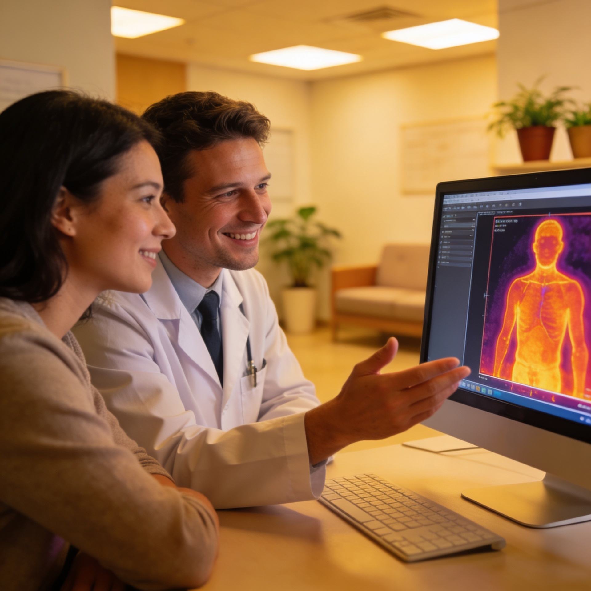 Two medical professionals reviewing a glowing body scan on a computer in a bright clinic