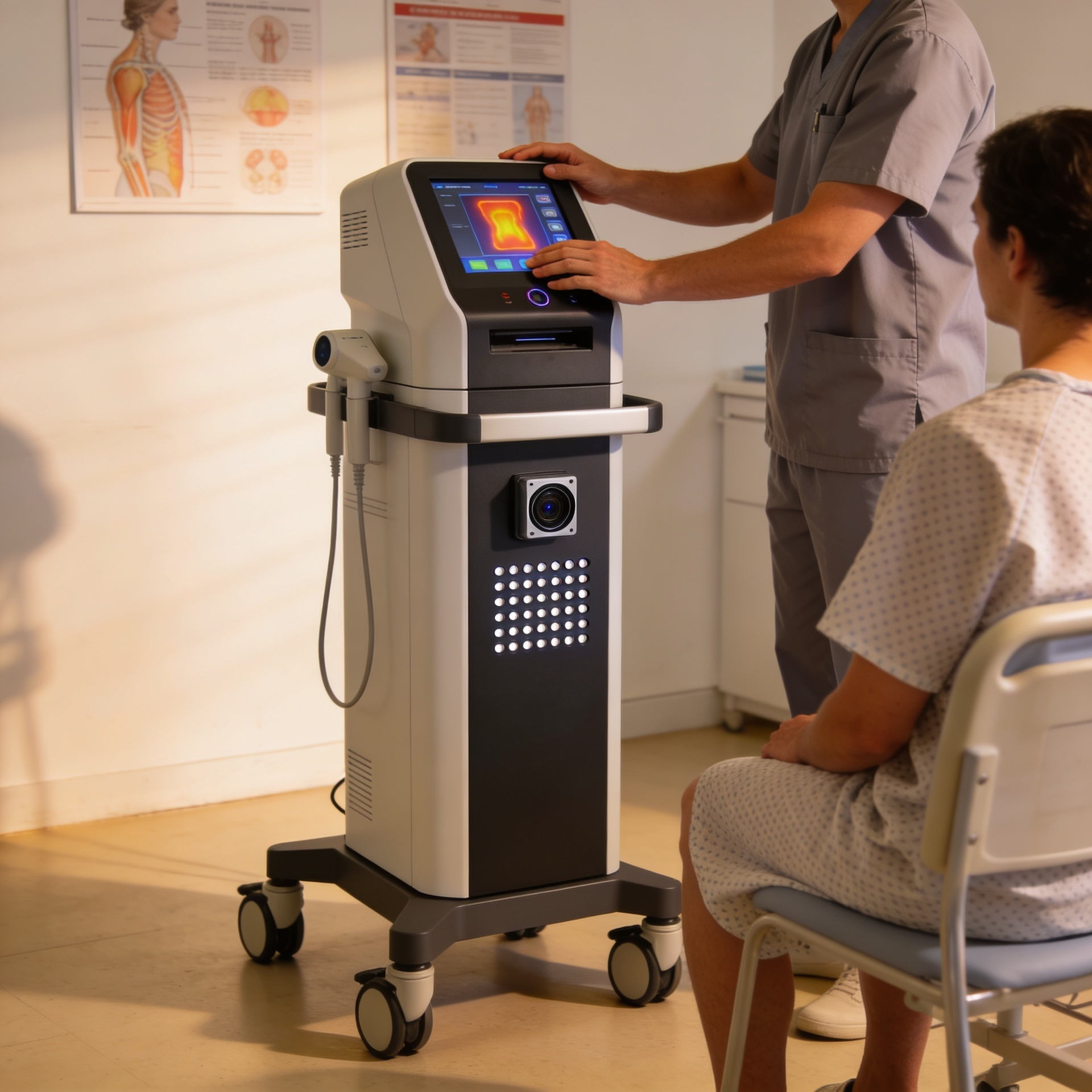Medical technician operating a diagnostic machine beside a seated patient in a clinic room