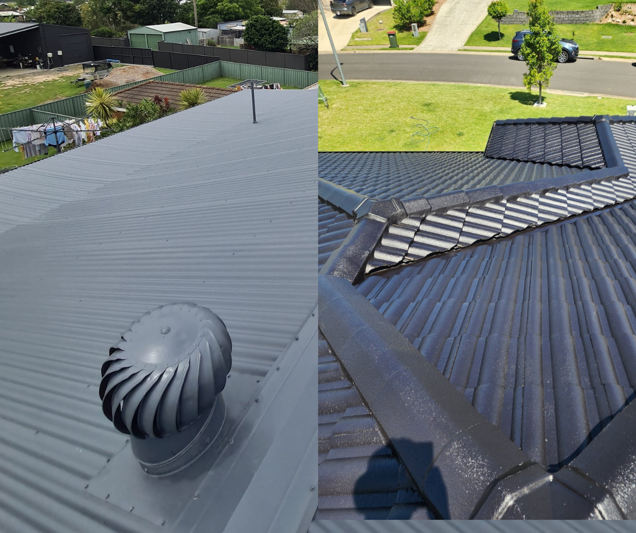 Black corrugated metal roof with vent, skylight, and yard visible below