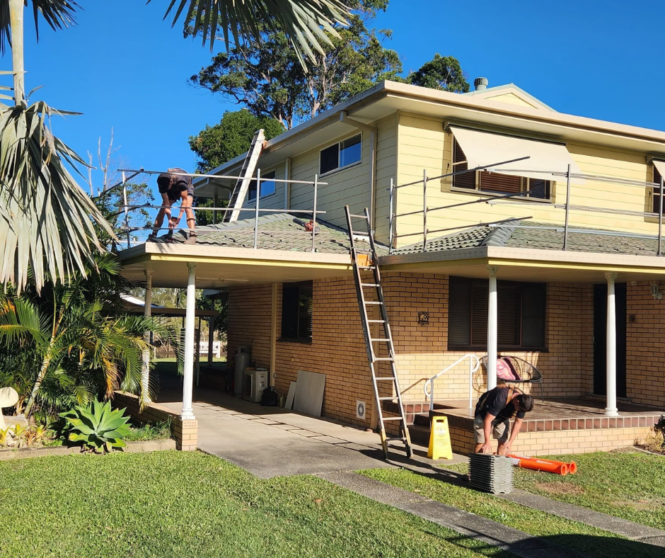 Three panels showing a red roof ridge undergoing cleaning and repainting from weathered and lichen-covered to restored.