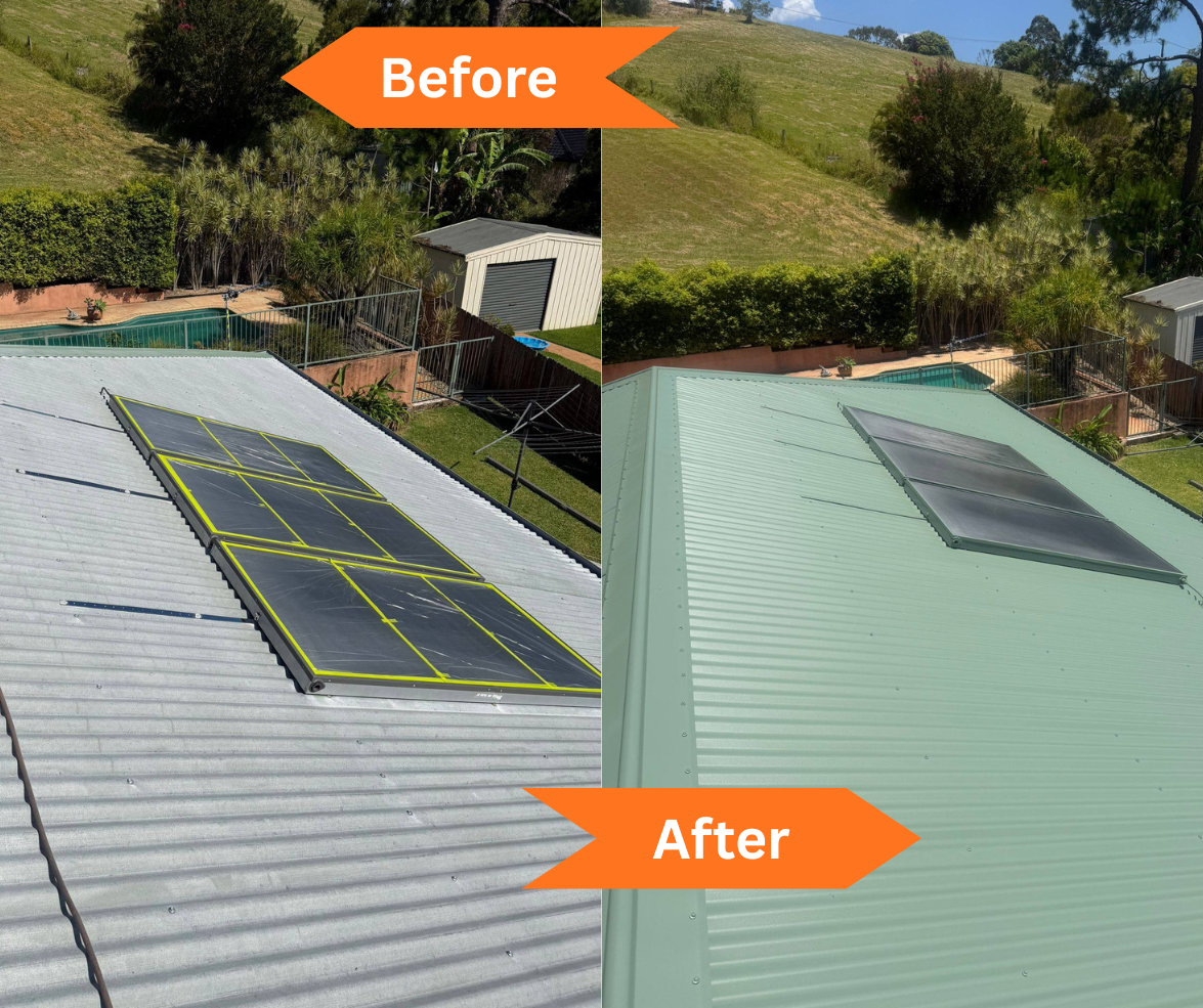 Before-and-after rooftop solar panel installation on a corrugated metal roof, with orange labels.