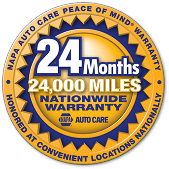 NAPA Auto Care nationwide warranty badge, blue and gold, 24 months or 24,000 miles | Frisco Automotive & Transmission