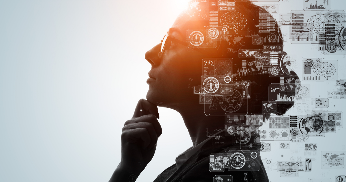 women in glasses staring with hand on chin surrounded by brain and AI motifs 