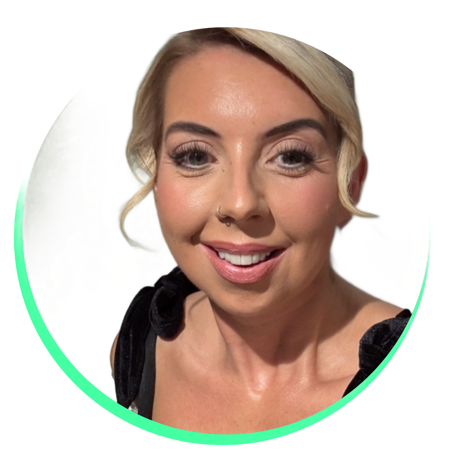 Smiling blonde woman in a black top against a white background, framed by a green circular border