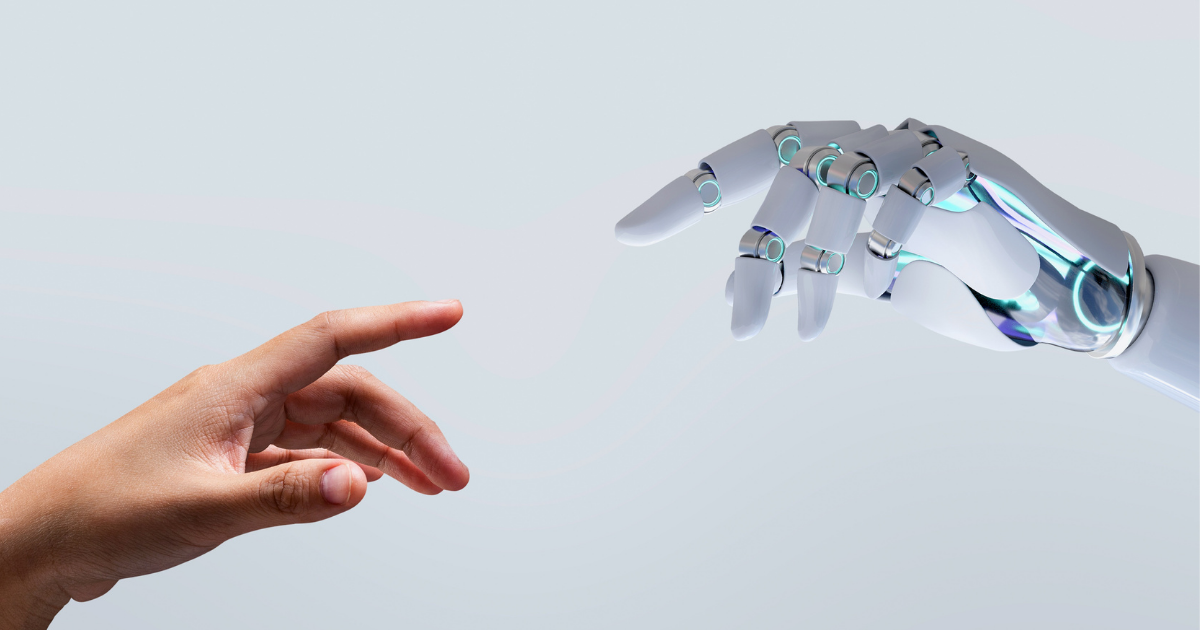 A human hand and a robot hand about to touch in the style of Michelangelo's The Creation of Adam