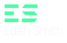 Mint-green geometric logo above faint gray text “Eden Smith”