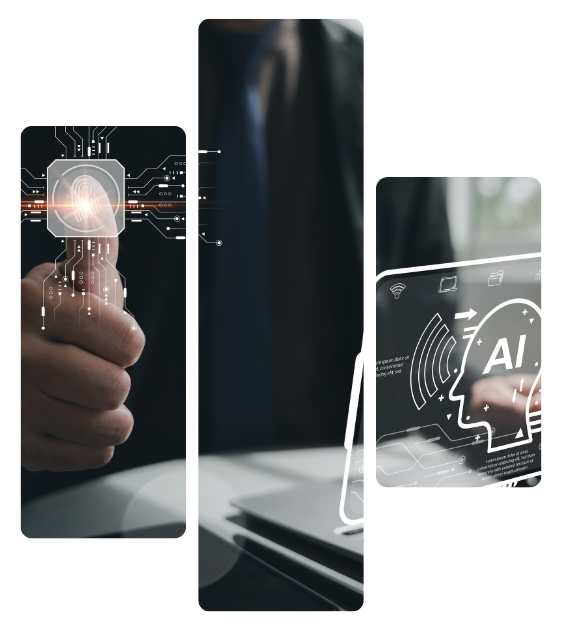 A hand holding a light bulb with AI interface graphics and a laptop in a dark tech workspace
