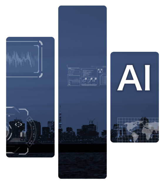 Blue tech-themed AI graphic with three vertical panels and a city skyline silhouette