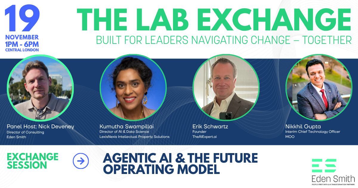 The Lab Exchange event banner, “Agentic AI & the Future Operating Model,” with four speaker headshots.