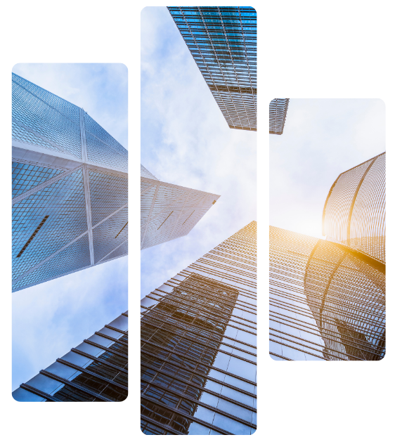 Abstract collage of modern skyscrapers viewed from below against a bright blue sky